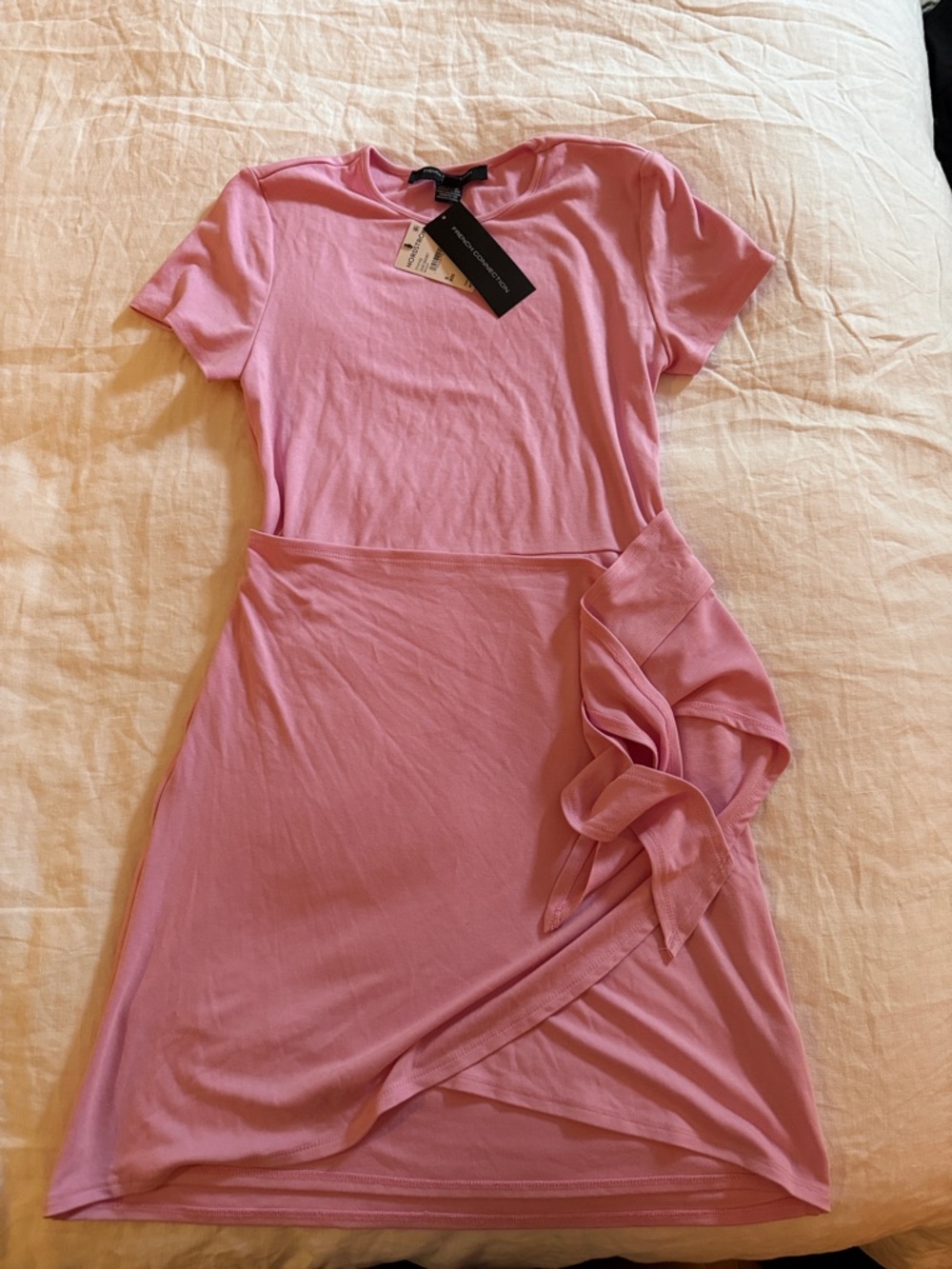French Connection Pink Short-Sleeve Tie-Waist Midi Dress Wrap Dress JERSEY SOFT